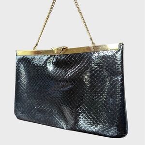 Vintage Black Faux Croc Gold Chain Clutch 70's‎ 80's Goth New Wave